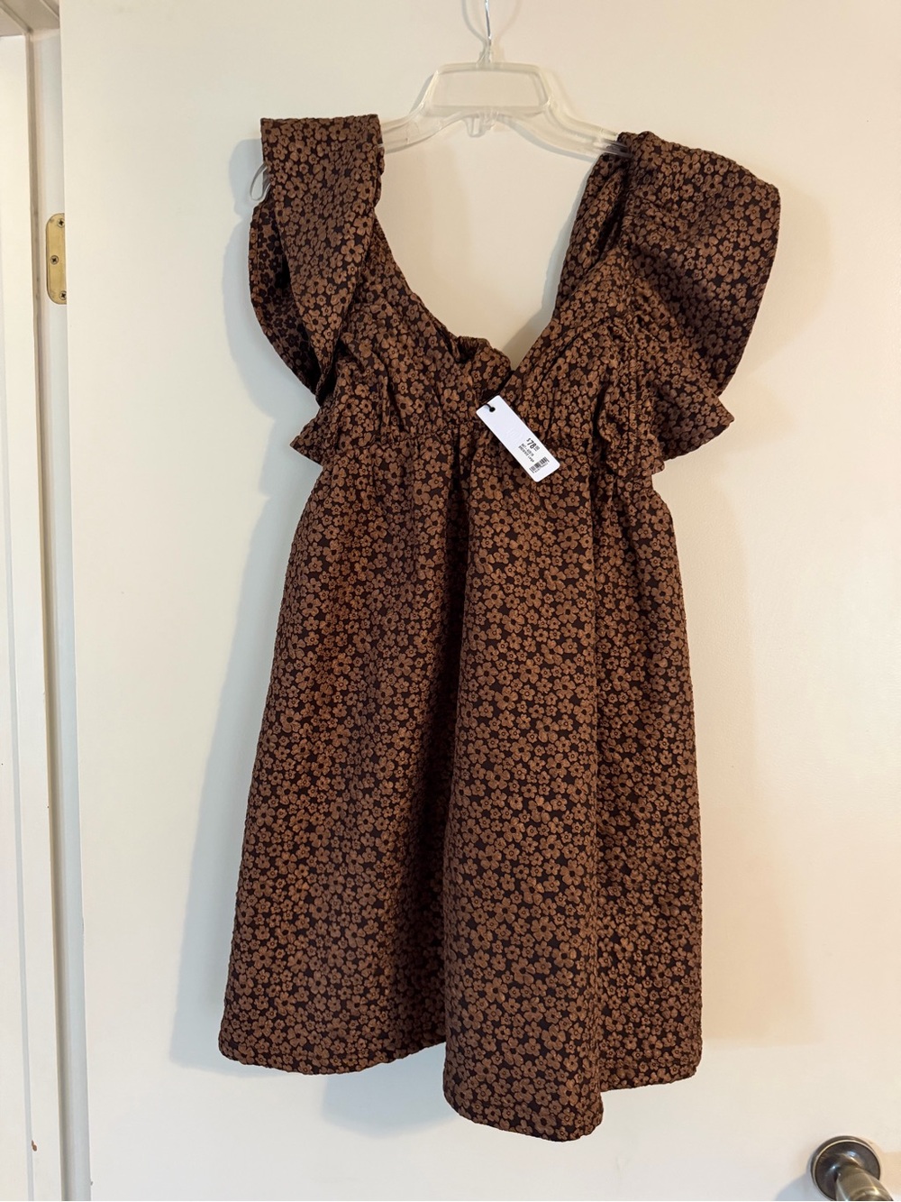 Brown Floral Mini Dress with Ruffle Straps